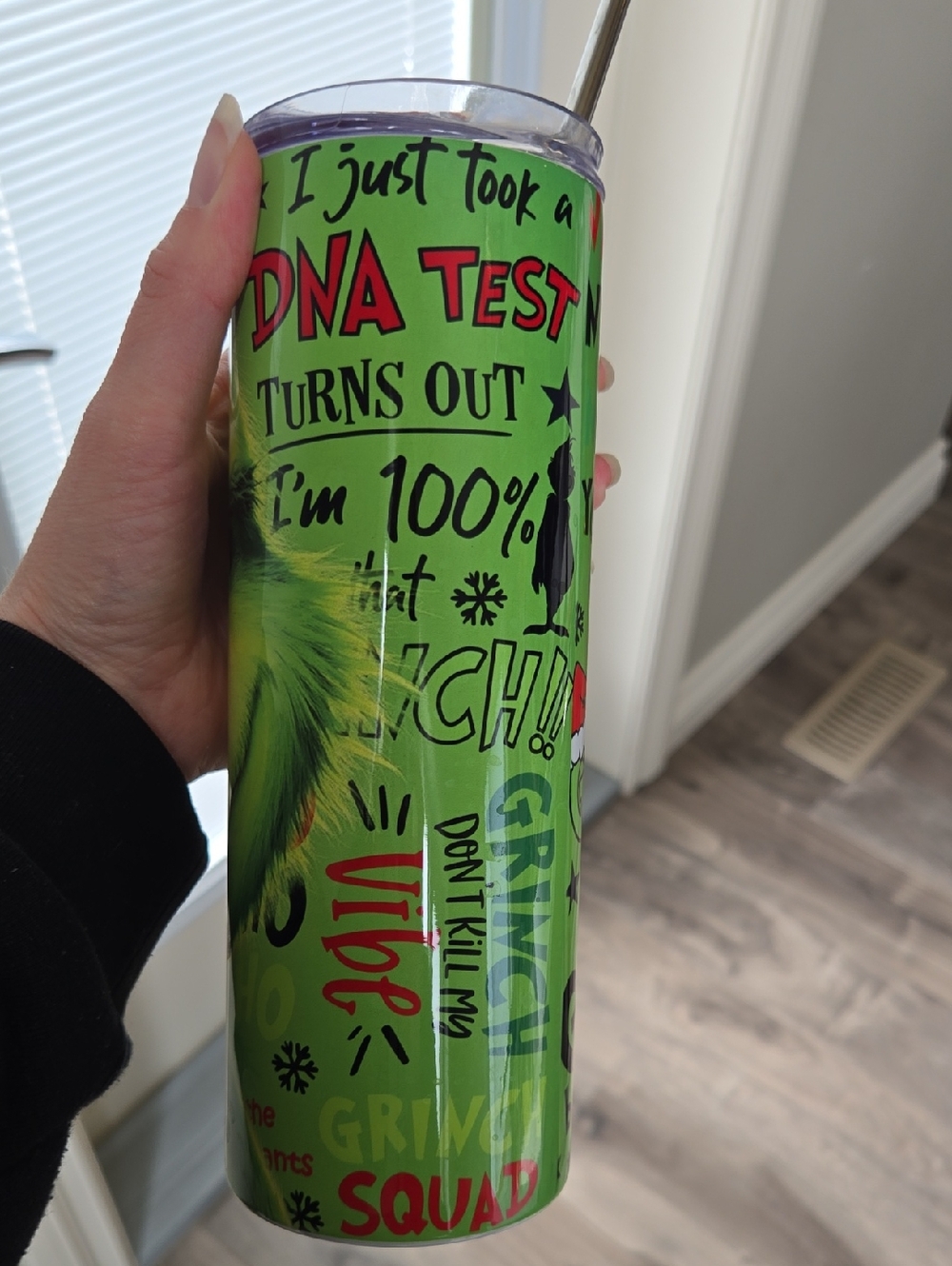 Grinch Water Bottle With Metal Straw